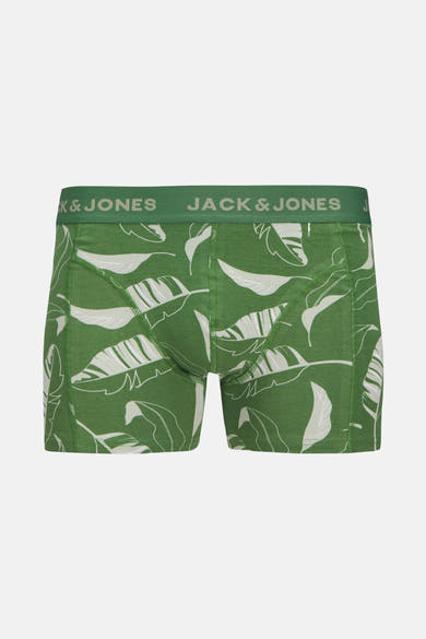 Boxer vert ACCESSORIES BY JACK & JONES avec motif de feuilles tropicales blanches sur fond vert.
