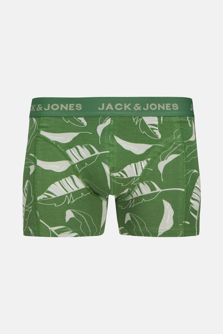 Boxer vert ACCESSORIES BY JACK & JONES avec motif de feuilles tropicales blanches sur fond vert.