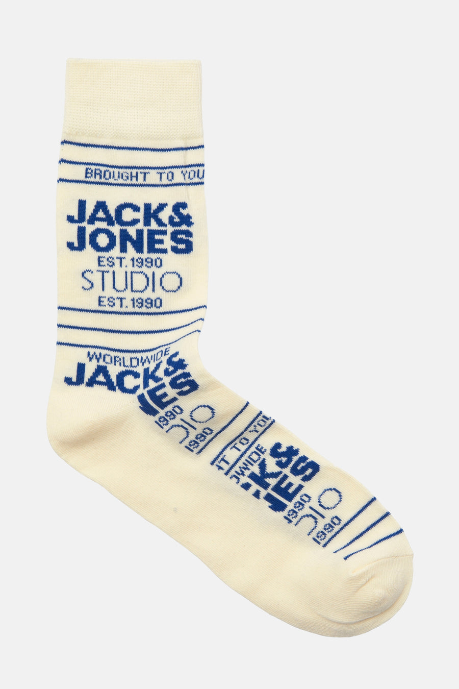 Chaussettes écru by ACCESSORIES BY JACK & JONES avec lettrage bleu marine, vue de face.
