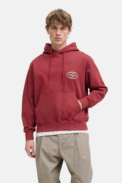 Rode hoodie van PREMIUM by JACK & JONES, met kangoeroezak en trekkoord.