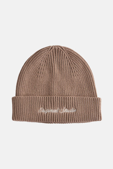 Beige muts ACCESSORIES BY JACK & JONES met een geribbelde textuur en een geborduurd patroon op de rand.