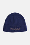 Bonnet bleu en maille côtelée de ACCESSORIES BY JACK & JONES, avec broderie décorative ton sur ton.