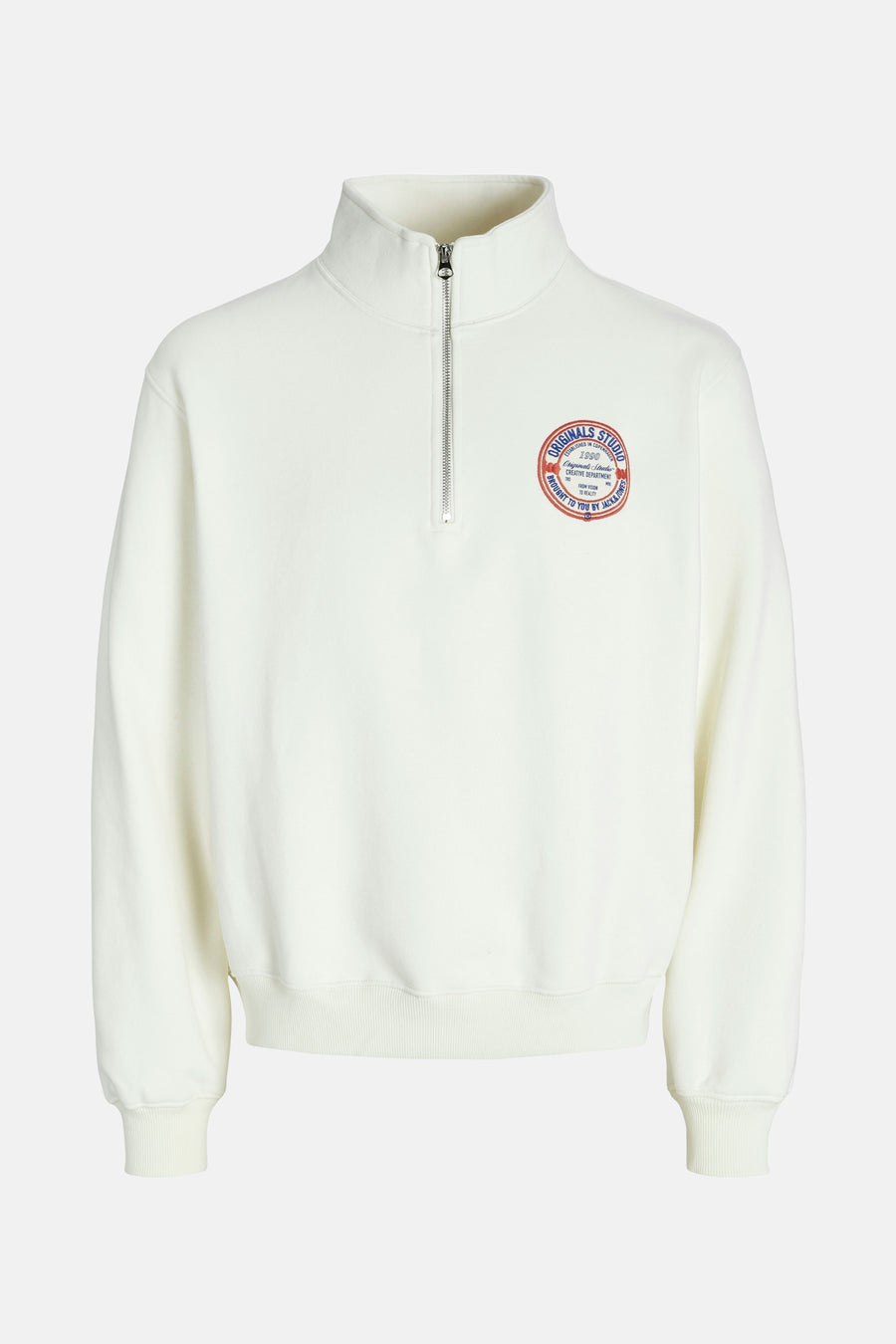 Ecru sweatshirt van ORIGINALS BY JACK & JONES met een ritssluiting bij de kraag en een logo op de borst.