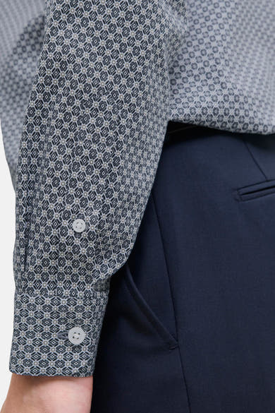 Blauw overhemd met lange mouwen van PREMIUM by JACK & JONES, met ingewikkeld geometrisch patroon en manchetten met knopen.