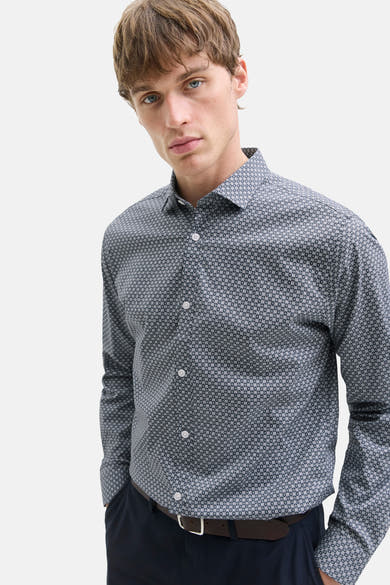 Blauw overhemd met lange mouwen van PREMIUM by JACK & JONES, met subtiel geometrisch patroon en klassieke pasvorm.