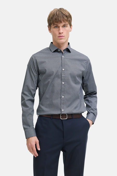 Blauw overhemd met lange mouwen, van PREMIUM by JACK & JONES, met subtiel geometrisch patroon.