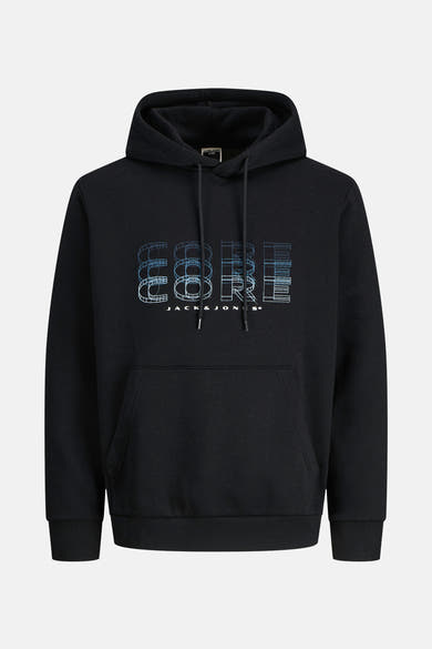 Zwarte hoodie van JACK & JONES met een CORE-logo op de voorkant en een kangoeroezak.