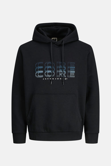 Sweat à capuche noir par JACK & JONES avec un logo CORE imprimé sur le devant et une poche kangourou.
