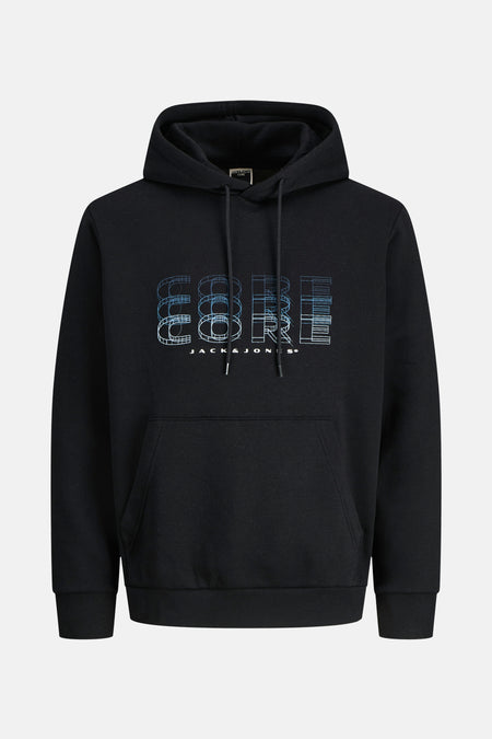 Zwarte hoodie van JACK & JONES met een CORE-logo op de voorkant en een kangoeroezak.