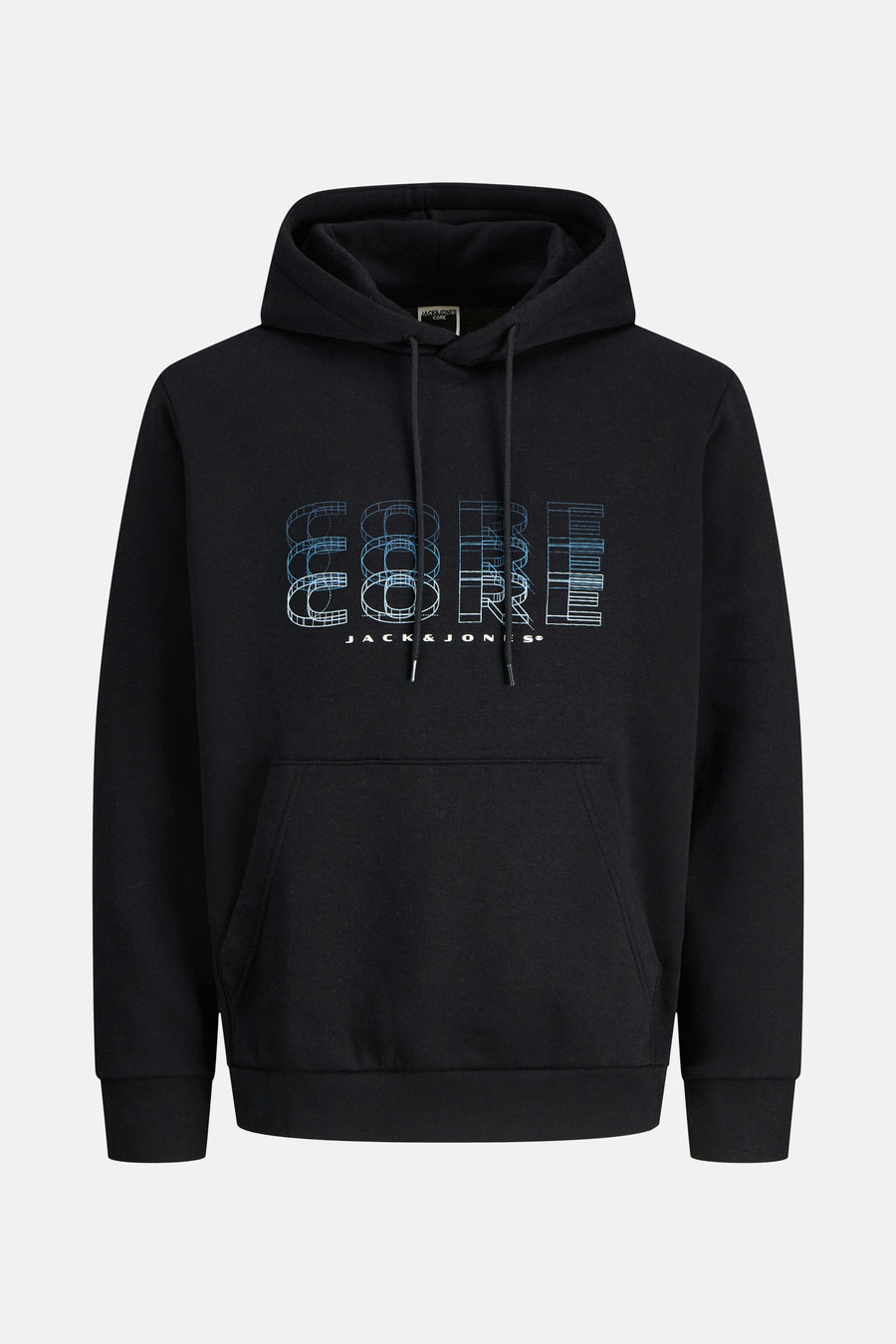 Zwarte hoodie van JACK & JONES met een CORE-logo op de voorkant en een kangoeroezak.