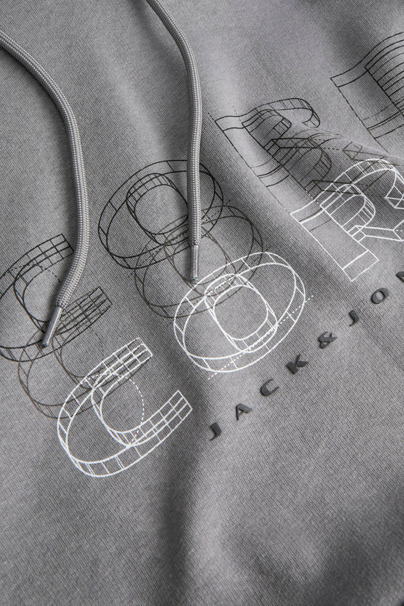 Grijs gemêleerde hoodie van JACK & JONES, met trekkoord en geometrisch printpatroon.