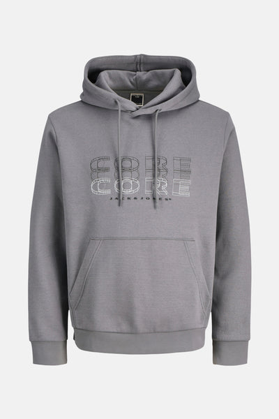 Grijze hoodie van JACK & JONES, met een CORE-grafische print en een kangoeroezak.