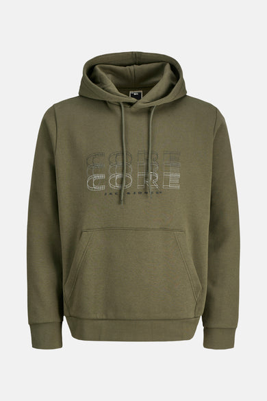 Groene hoodie van JACK & JONES, met een grafische "CORE"-print op de voorkant en een kangoeroezak.