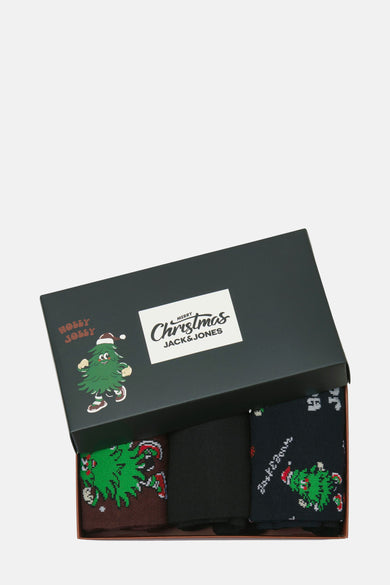 Multikleuren sokkendoos van ACCESSORIES BY JACK & JONES met kerstboommotieven in een geschenkdoos.