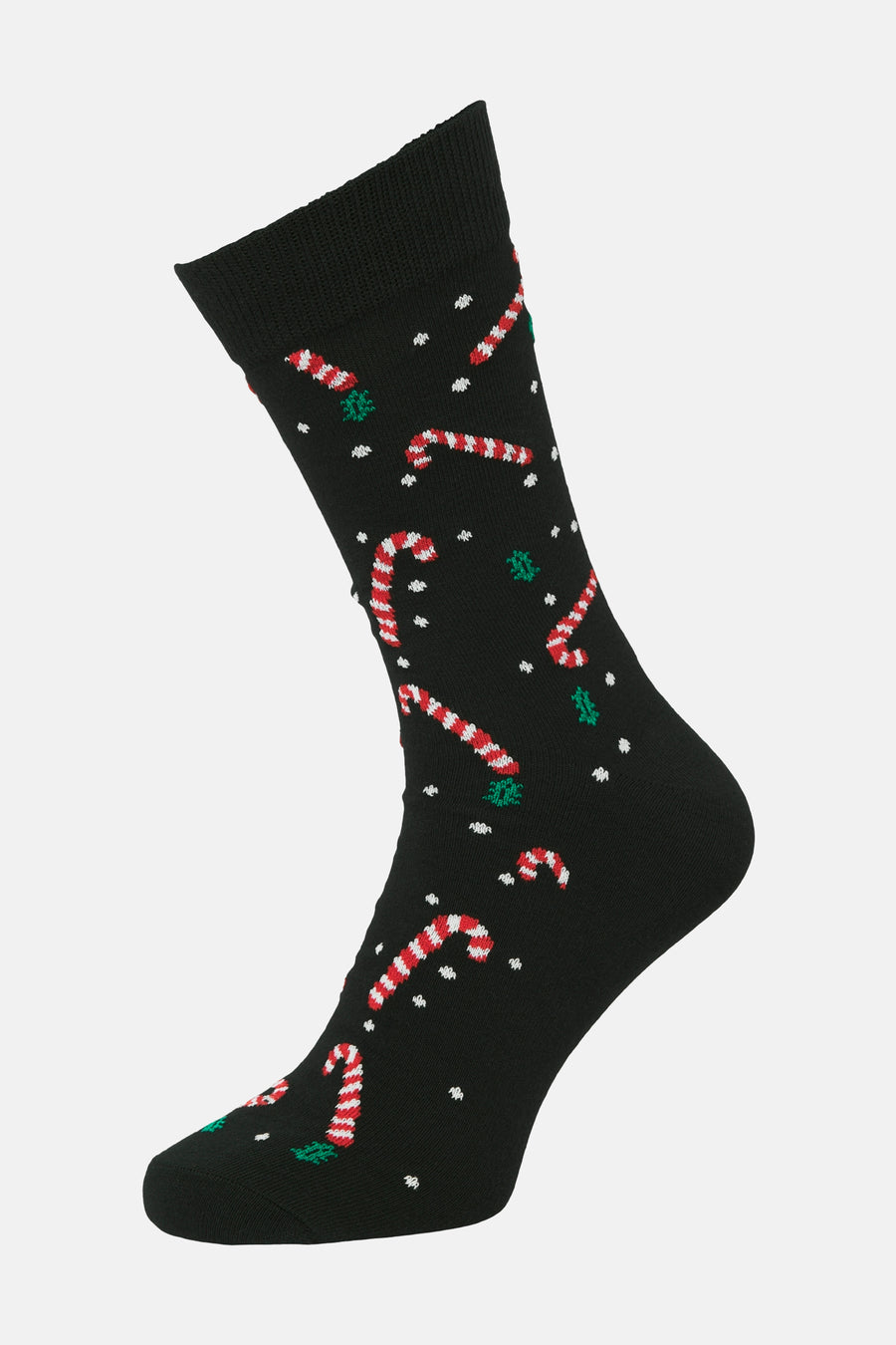 Zwarte sok van ACCESSORIES BY JACK & JONES met rode en witte kerststokpatronen.