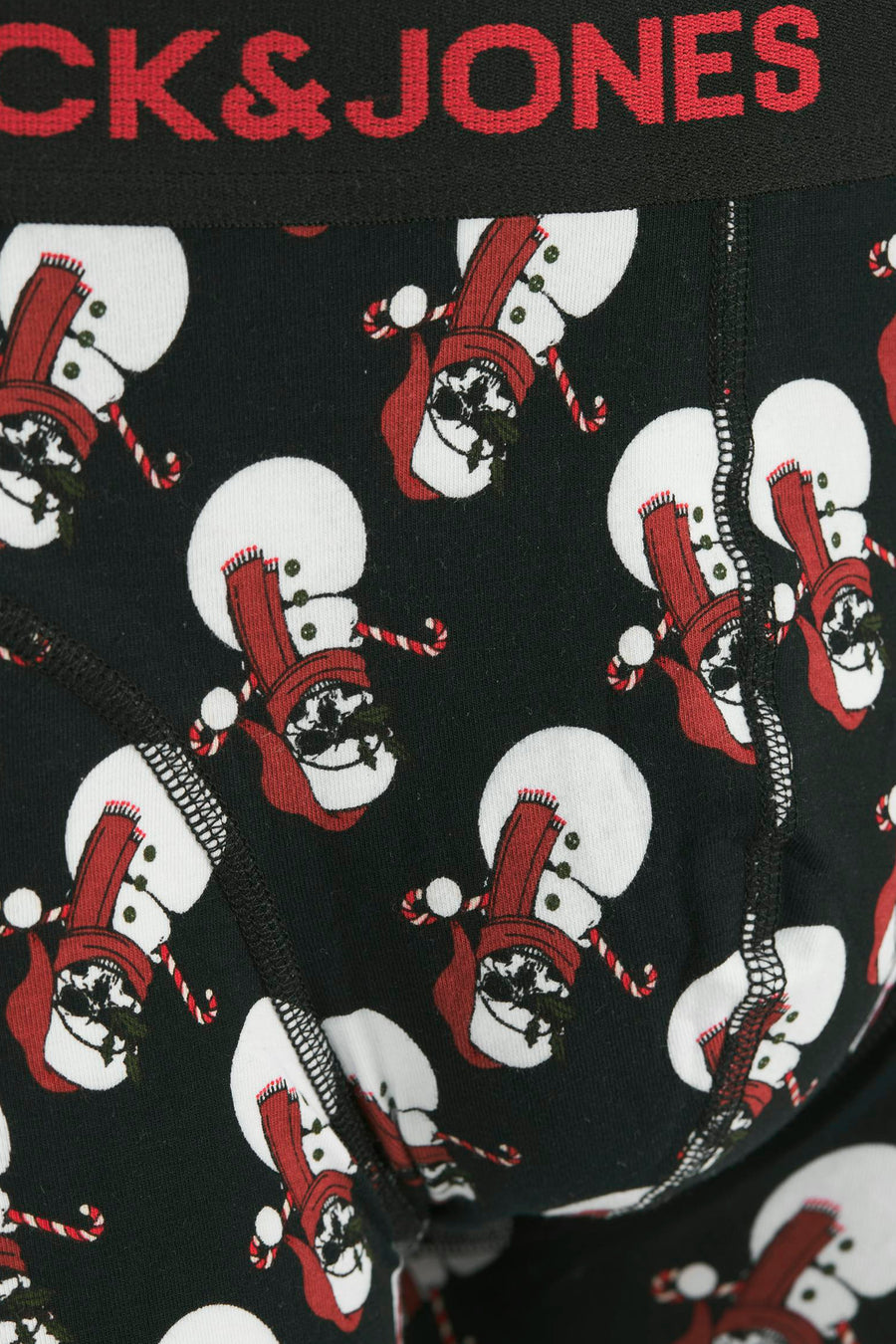Zwarte boxer van ACCESSORIES BY JACK & JONES met een feestelijk sneeuwpoppatroon.