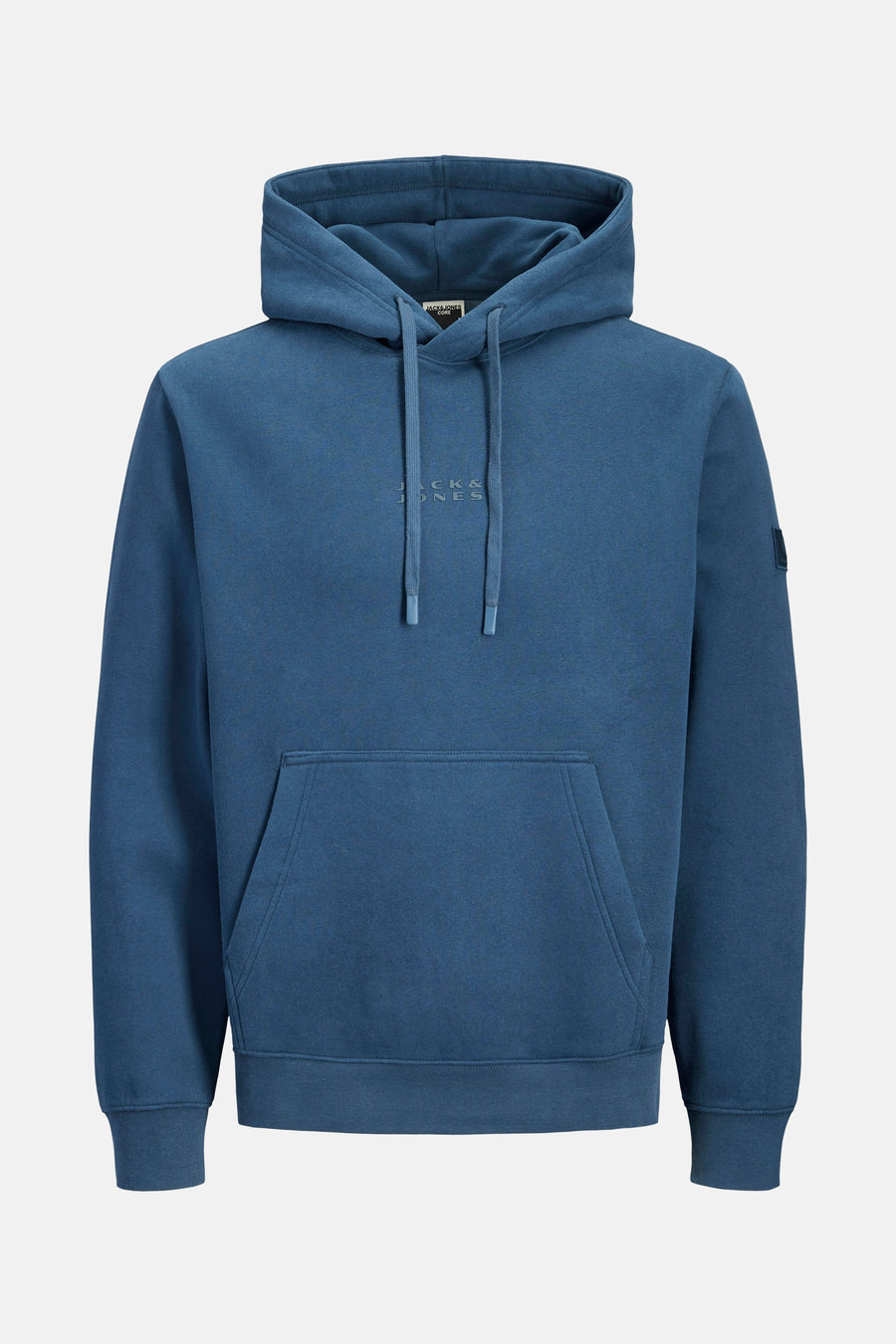 Blauwe hoodie van JACK & JONES, met trekkoord en kangoeroezak.