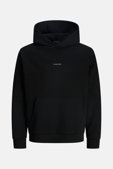 Zwarte hoodie van JACK & JONES, met discreet logo en kangoeroezak.