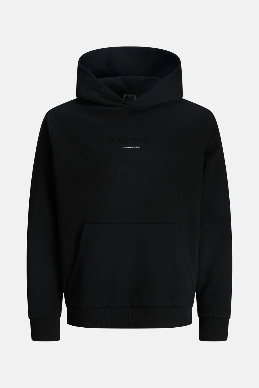 Zwarte hoodie van JACK & JONES, met discreet logo en kangoeroezak.
