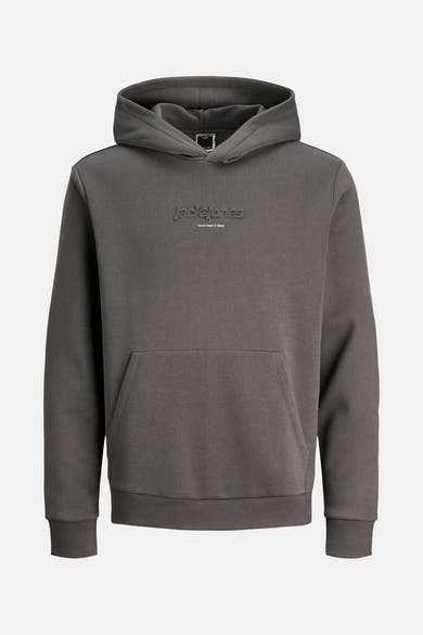 Grijze hoodie van JACK & JONES, met een kangoeroezak en een reliëflogo.