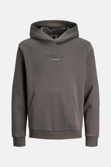 Sweat à capuche gris de JACK & JONES, avec une poche kangourou et le logo en relief.