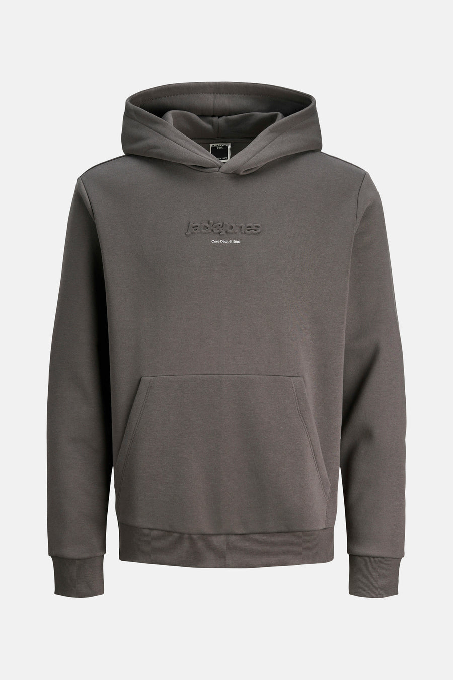 Grijze hoodie van JACK & JONES, met een kangoeroezak en een reliëflogo.