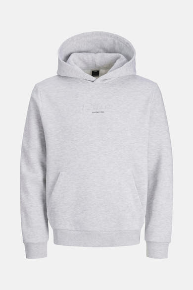 Grijze gemêleerde hoodie van JACK & JONES, met kangoeroezak en discreet logo.