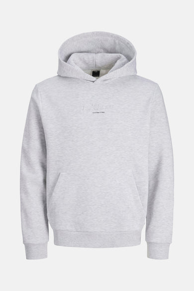 Grijze gemêleerde hoodie van JACK & JONES, met kangoeroezak en discreet logo.