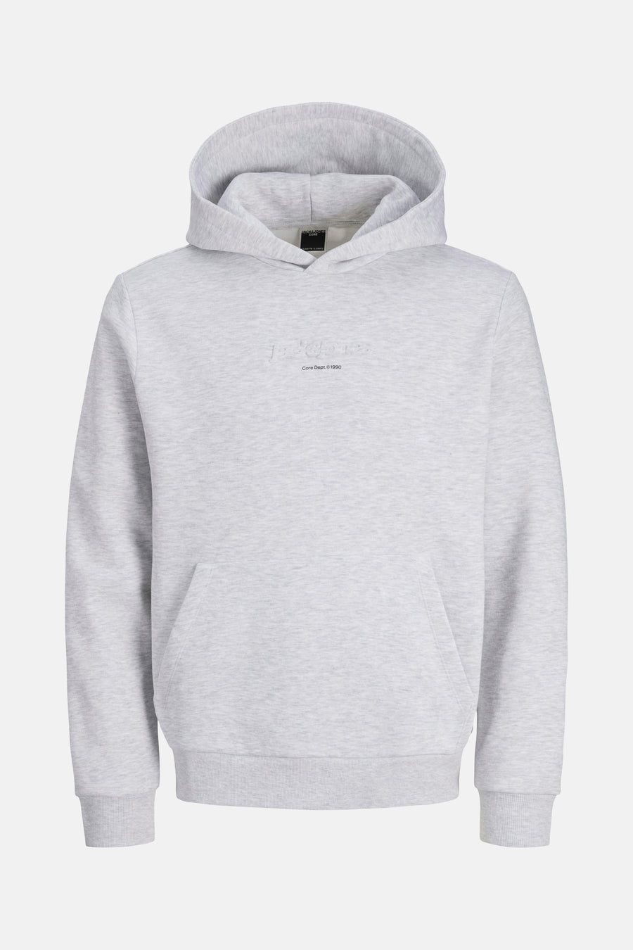 Grijze gemêleerde hoodie van JACK & JONES, met kangoeroezak en discreet logo.