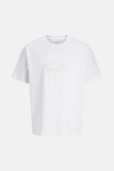 Wit T-shirt met korte mouwen van JACK & JONES, met geborduurd "Originals Studio" motief op de voorkant.