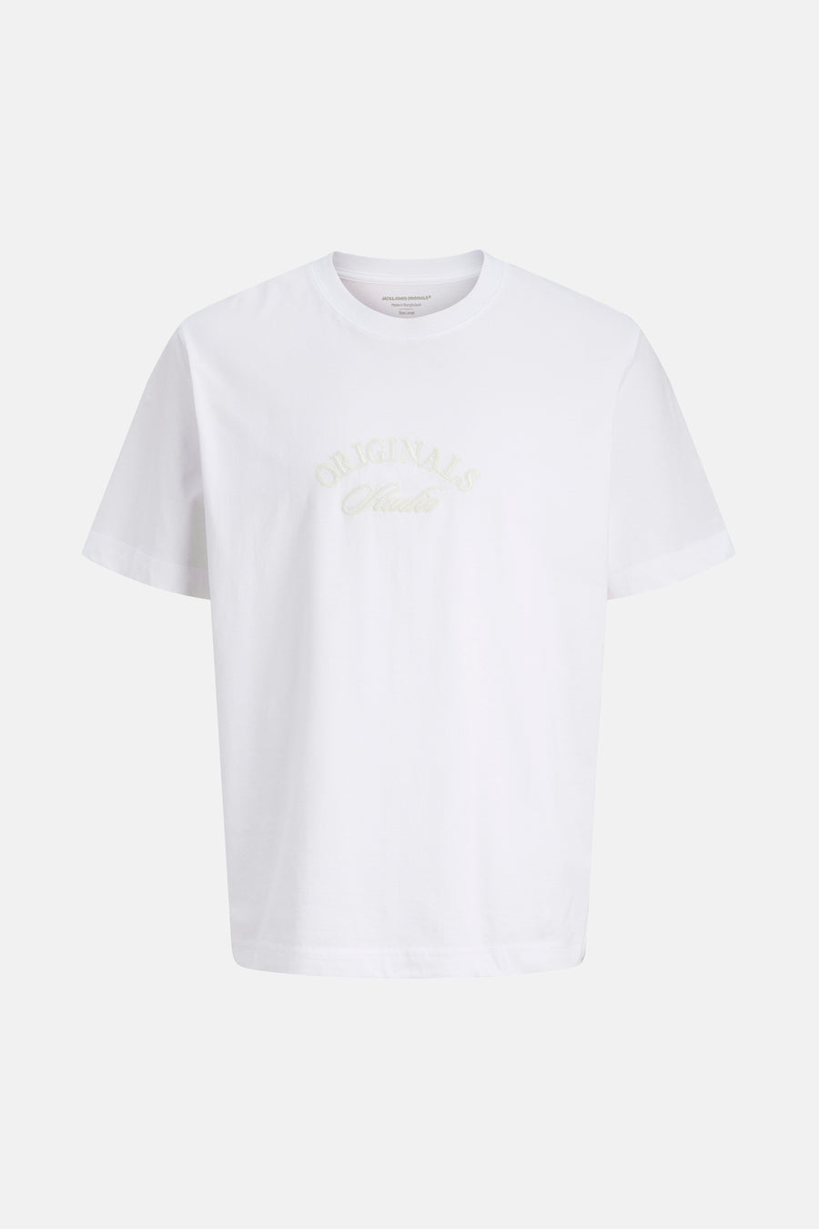 Wit T-shirt met korte mouwen van JACK & JONES, met geborduurd "Originals Studio" motief op de voorkant.