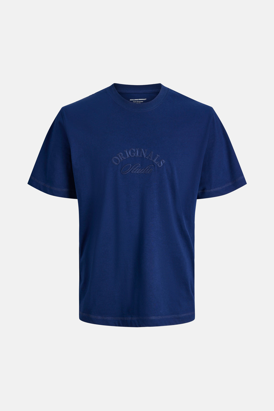 Blauw T-shirt met korte mouwen van JACK & JONES ORIGINALS, versierd met een geborduurd tekstmotief op de voorkant.
