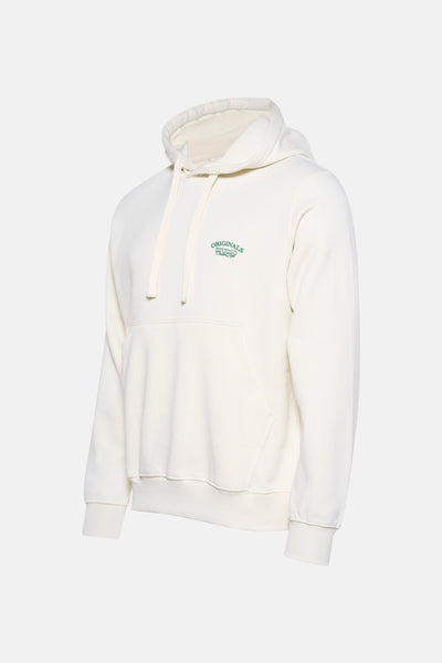 Sweat à capuche beige de JACK & JONES avec logo vert brodé, poche kangourou et cordon de serrage.