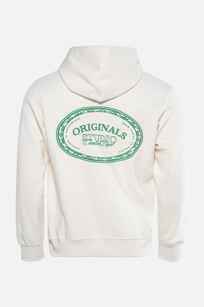Sweat à capuche beige de JACK & JONES avec un imprimé graphique ovale au dos.