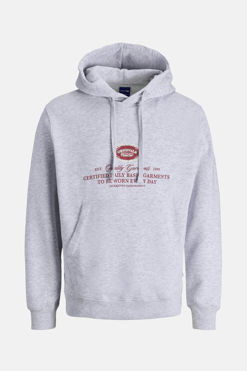 Sweat à capuche gris chiné de JACK & JONES, avec un logo imprimé sur la poitrine et une poche kangourou.
