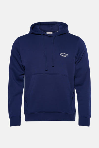 Blauwe hoodie van JACK & JONES, met trekkoord en geborduurd logo.