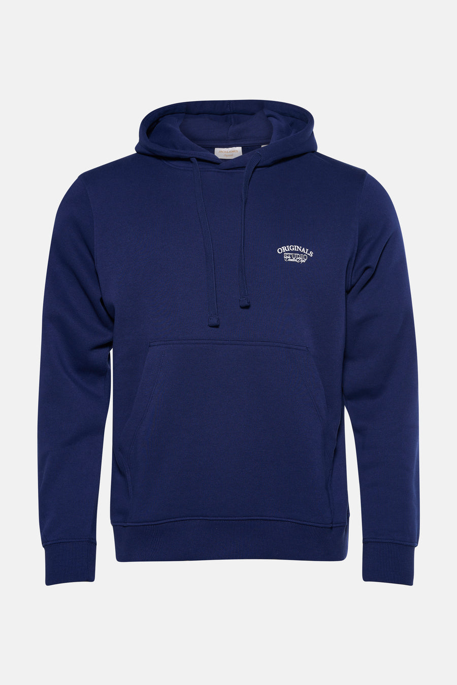 Blauwe hoodie van JACK & JONES, met trekkoord en geborduurd logo.