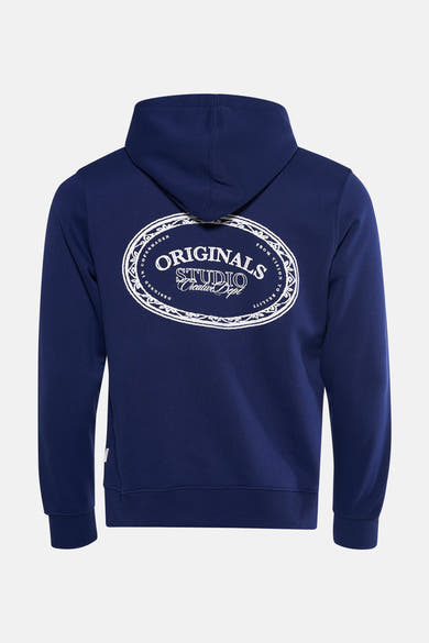 Sweat à capuche bleu de JACK & JONES, avec un motif imprimé au dos.