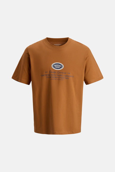 Bruin T-shirt met korte mouwen van JACK & JONES, met opdruk op de voorkant.