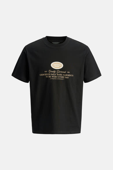 Zwart T-shirt met korte mouwen van JACK & JONES met decoratief logo op de voorkant.