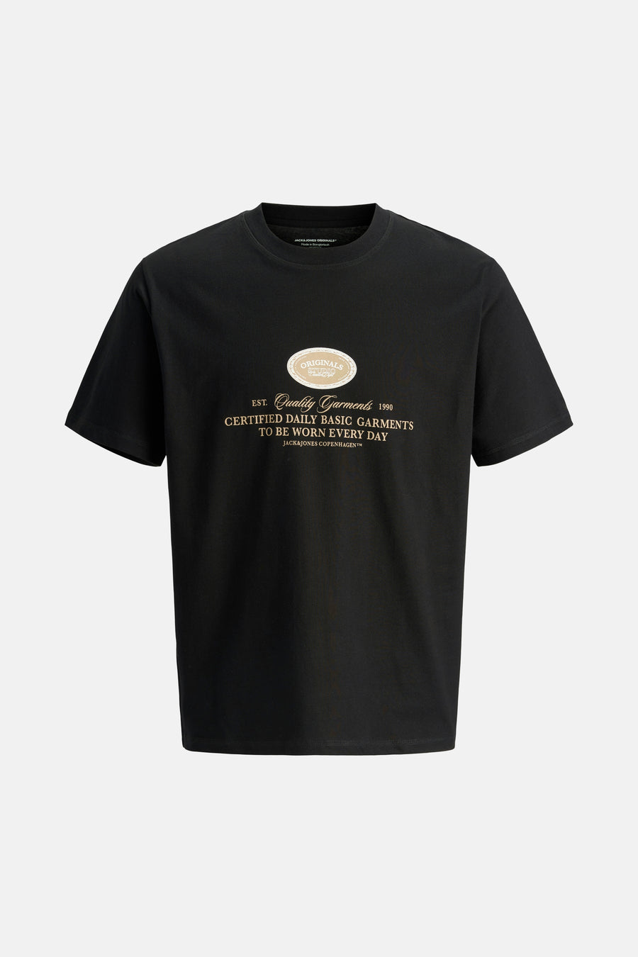 Zwart T-shirt met korte mouwen van JACK & JONES met decoratief logo op de voorkant.