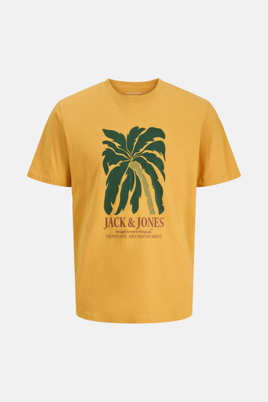 Oranje T-shirt met korte mouwen van JACK & JONES met palmboomprint.