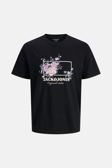 Zwarte korte mouwen T-shirt van JACK & JONES met een bloemenmotief op het voorste deel.