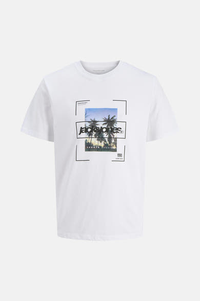 Wit T-shirt met korte mouwen van JACK & JONES, met een ingelijst palmboommotief.
