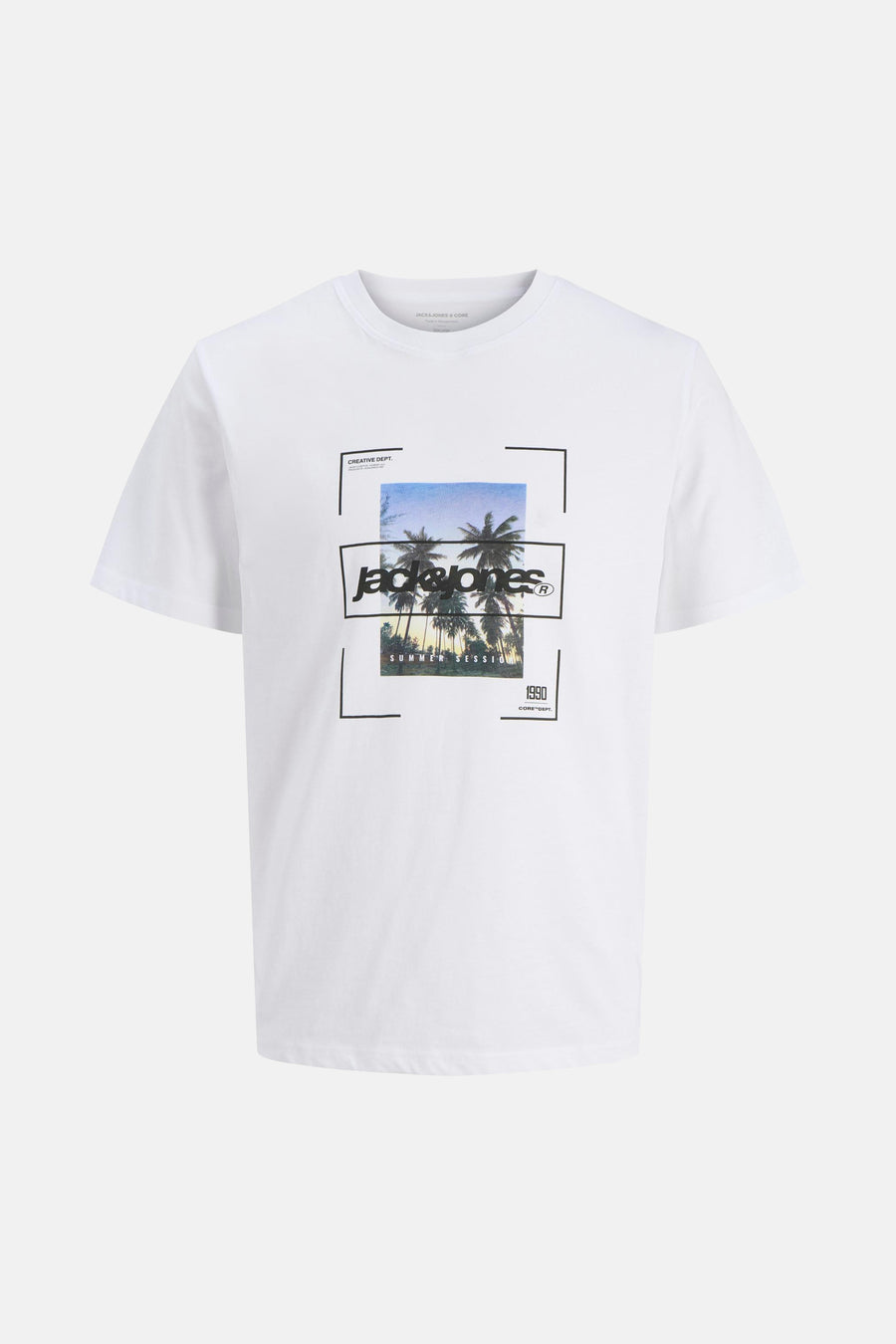 Wit T-shirt met korte mouwen van JACK & JONES, met een ingelijst palmboommotief.