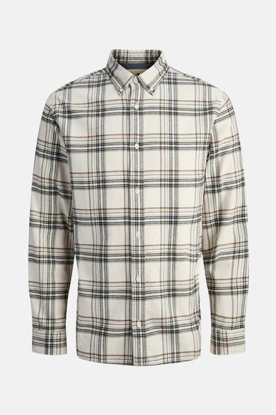 Chemise à manches longues beige par JACK & JONES, à carreaux noirs et marrons.