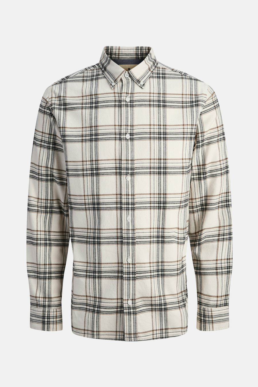 Chemise à manches longues beige par JACK & JONES, à carreaux noirs et marrons.