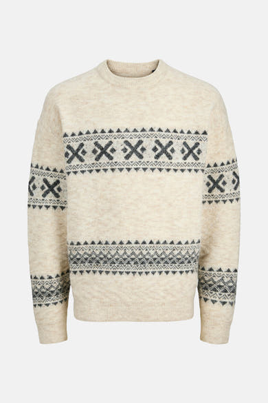 Pull à col rond écru de JACK & JONES avec motif géométrique sur le devant et les manches.

