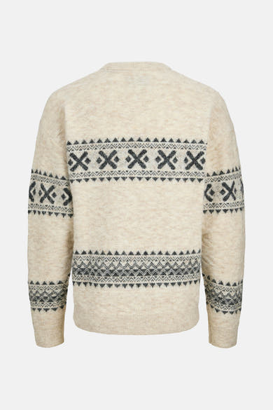 Pull à col rond écru de JACK & JONES avec motifs géométriques noirs et texture duveteuse, vue arrière.
