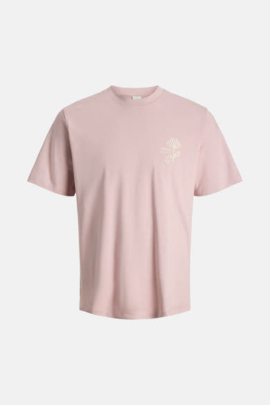 Roze T-shirt met korte mouwen van JACK & JONES, met geborduurd bloemenpatroon op de rug.